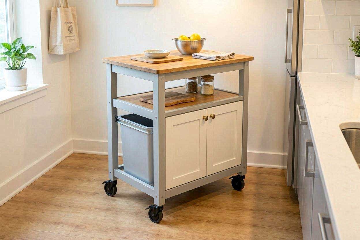 A mobile rolling kitchen island cart with locking wheels and a base cabinet used for hiding a trash bin in a small kitchen.