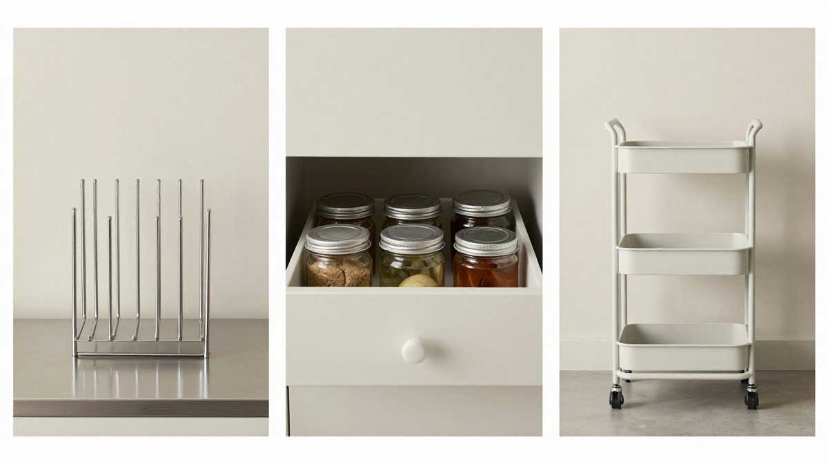A split-screen style photo showing a comparison of magnetic, drawer, and rolling spice storage organizers.
