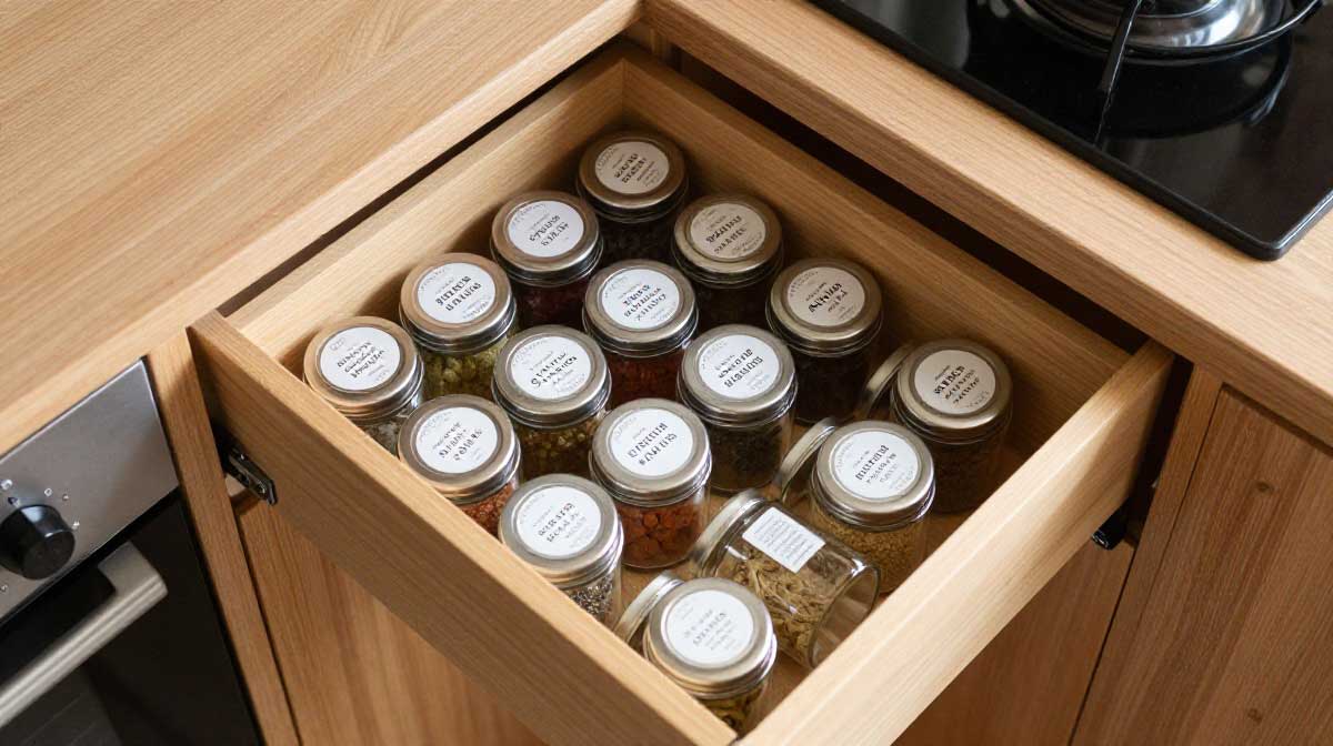 An open kitchen drawer with an angled wooden insert holding neat rows of round spice jars flat.