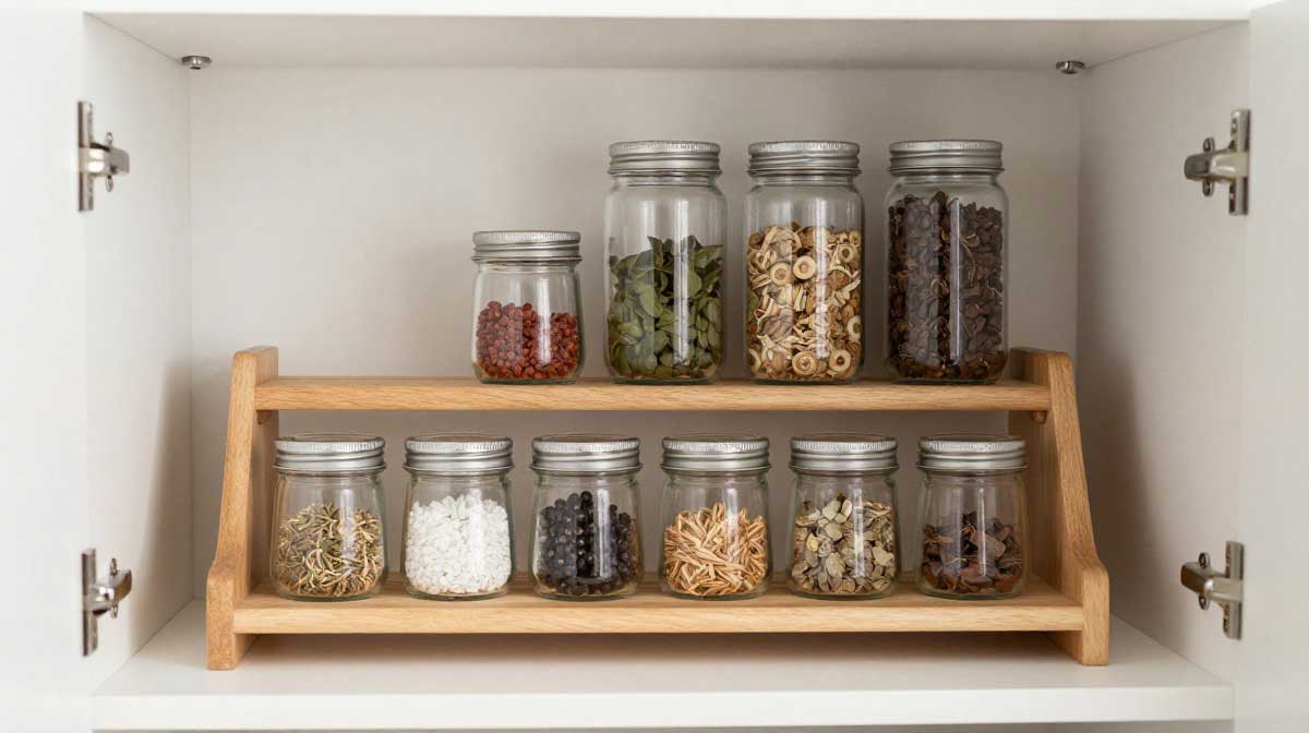 A wooden three-tier staircase riser on a pantry shelf displaying spice jars of different heights clearly.