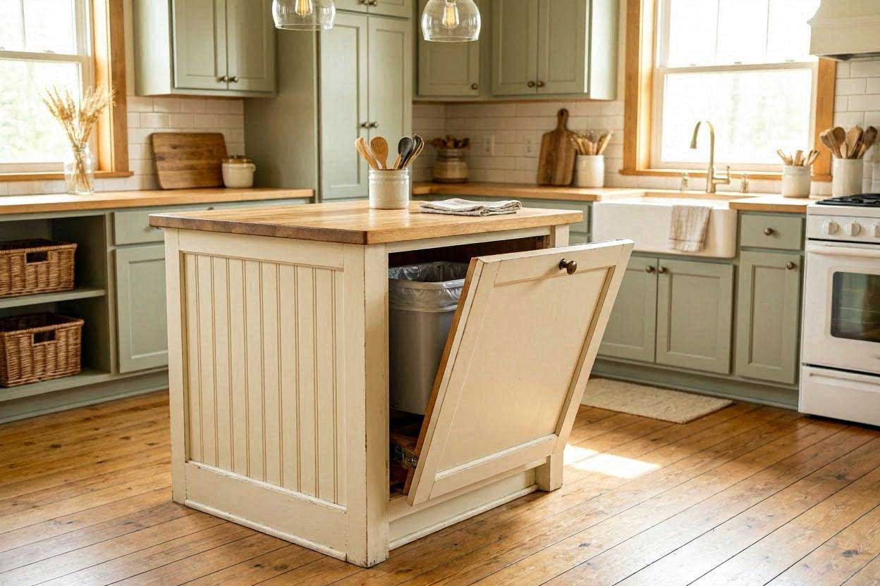 A shaker-style kitchen island door tilting forward at a forty-five degree angle to reveal an integrated trash can holder.