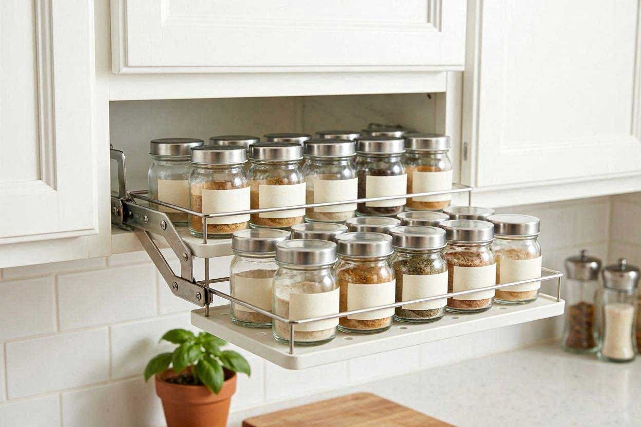 A drop-down under-cabinet spice rack pulled open underneath a white kitchen cupboard to show organized jars.