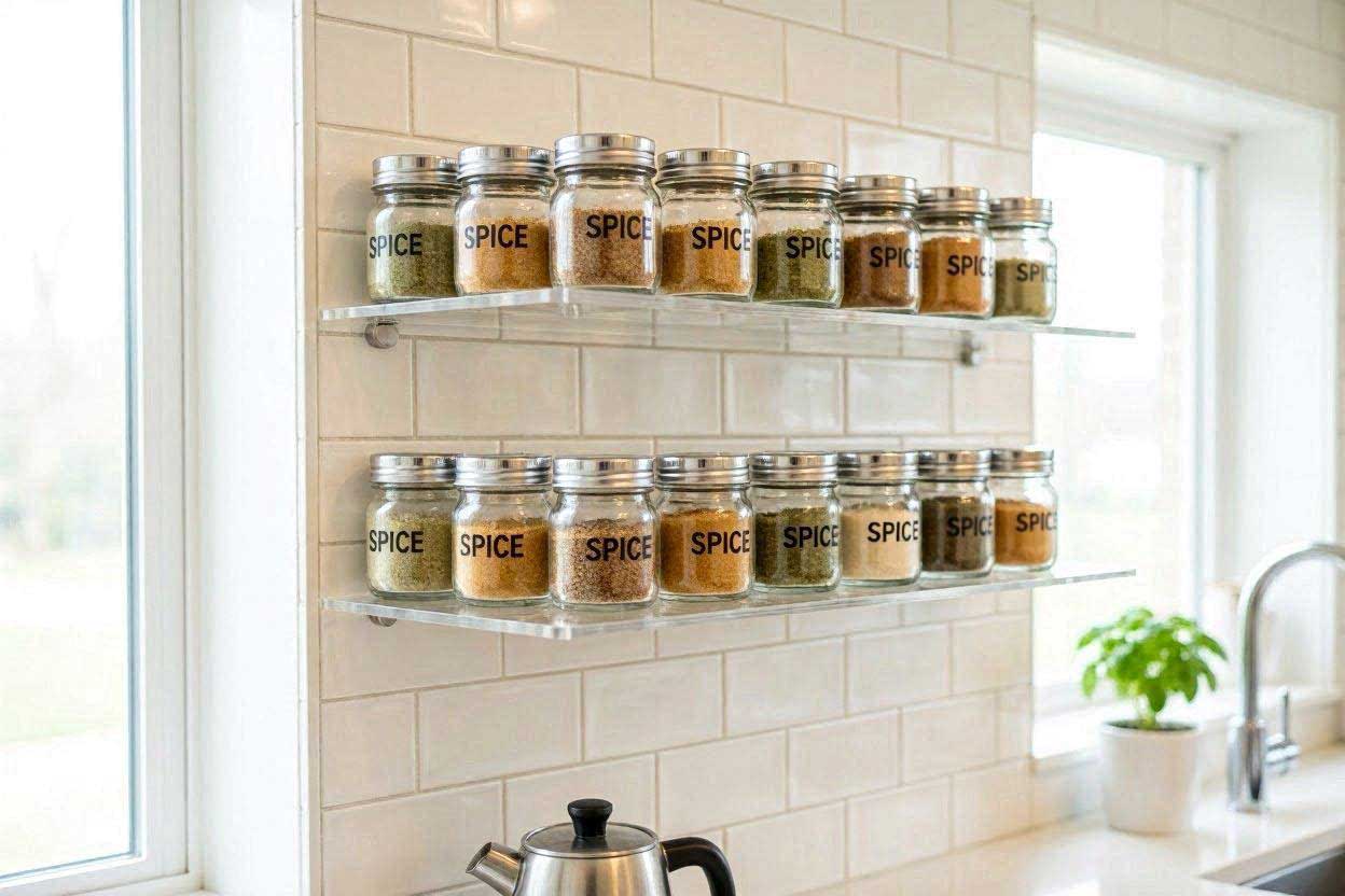 Two rows of clear acrylic floating shelves mounted on a kitchen wall holding identical glass spice jars.