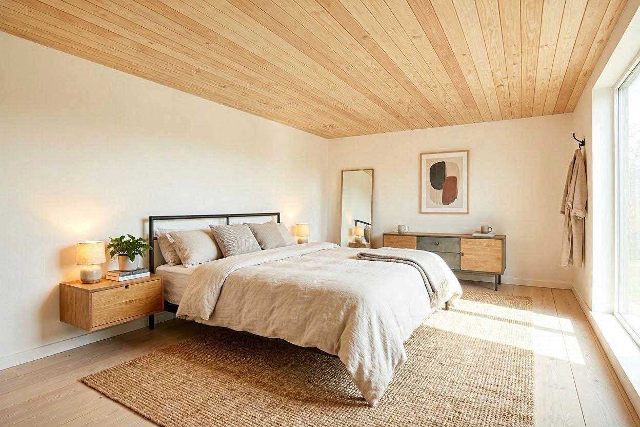 A cozy minimalist bedroom featuring a warm light oak peel-and-stick wood plank ceiling setup.