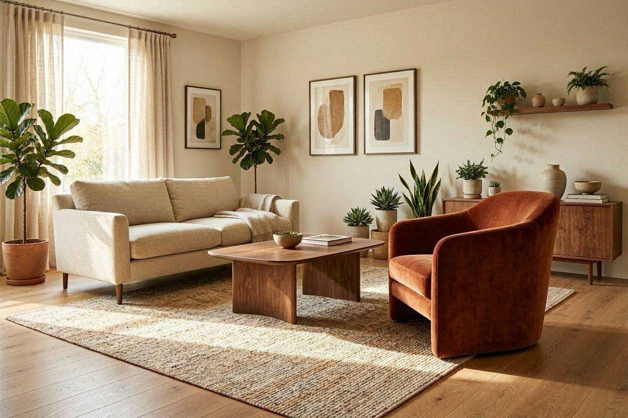 A complete living room featuring a rust accent chair, matching coffee table, and coordinated home décor.