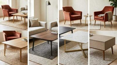 Coffee tables in oak, walnut, black, marble, and greige finishes displayed with a rust accent chair.