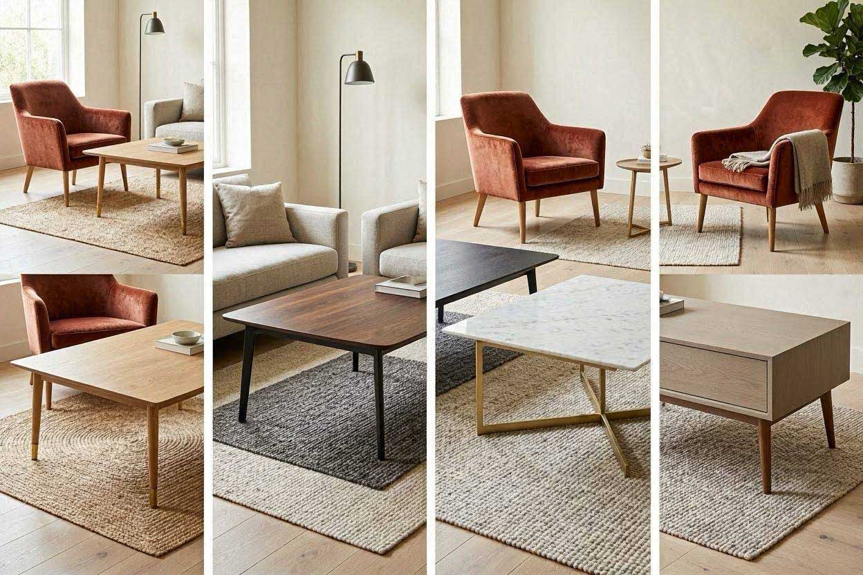 Coffee tables in oak, walnut, black, marble, and greige finishes displayed with a rust accent chair.
