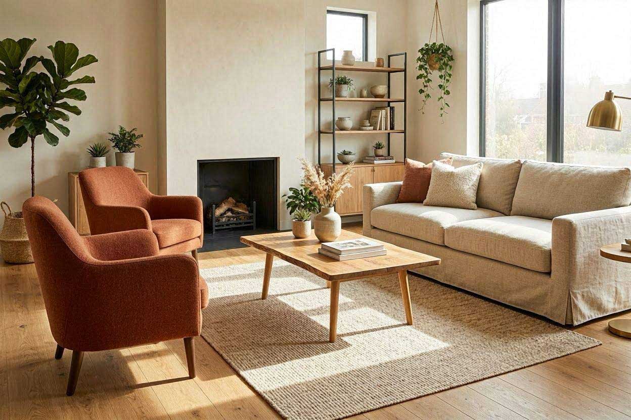 Modern living room featuring a rust accent chair paired with a stylish wooden coffee table.