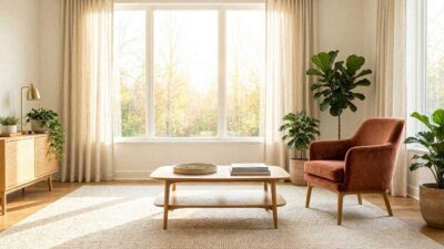 Best rug colors for a rust accent chair in a modern living room