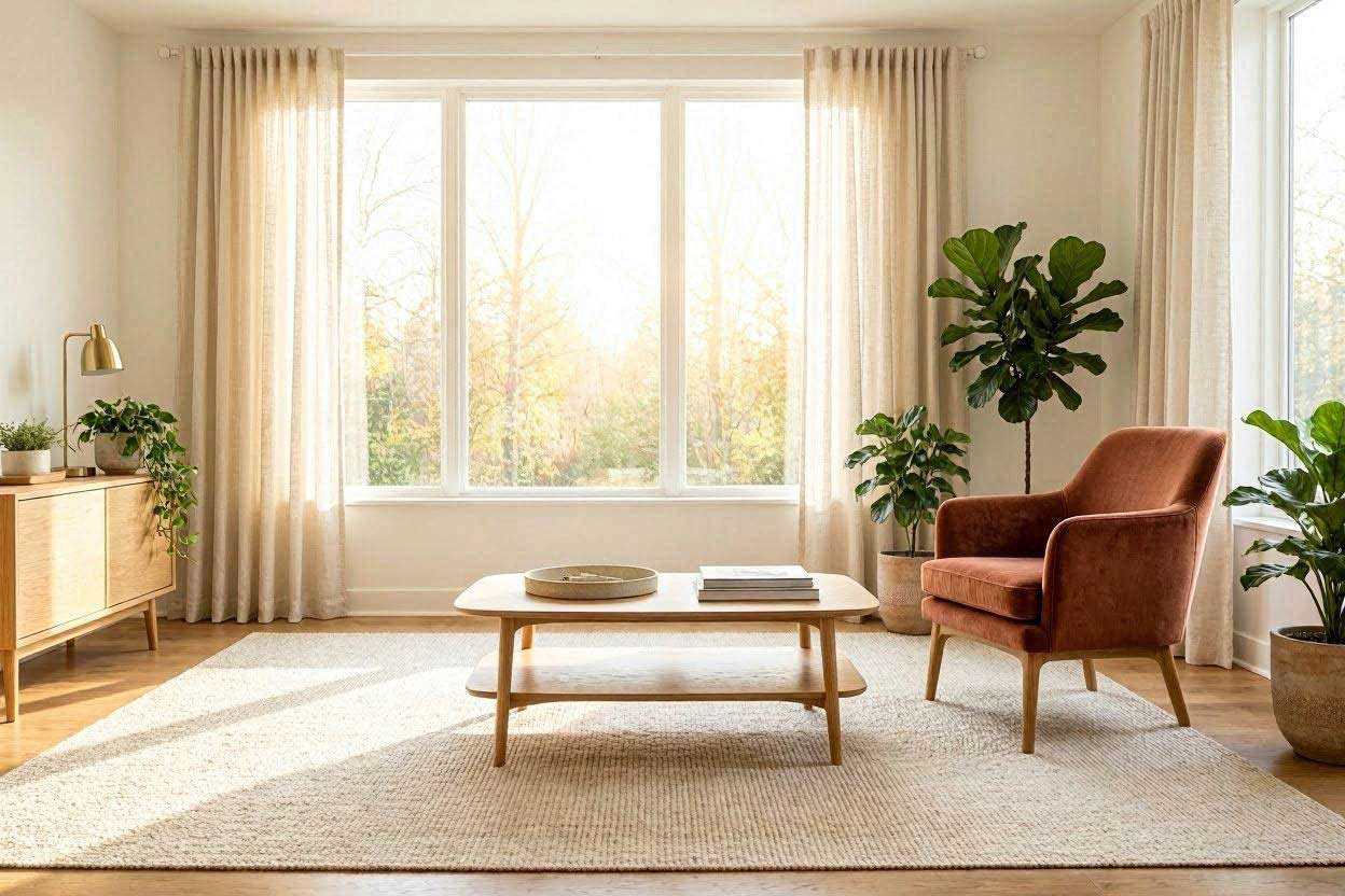 Best rug colors for a rust accent chair in a modern living room