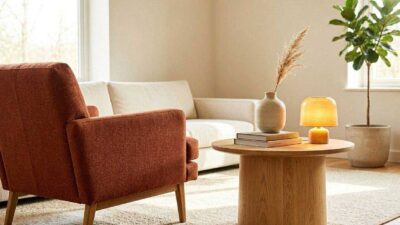 Best side table paired with a rust accent chair in a modern living room