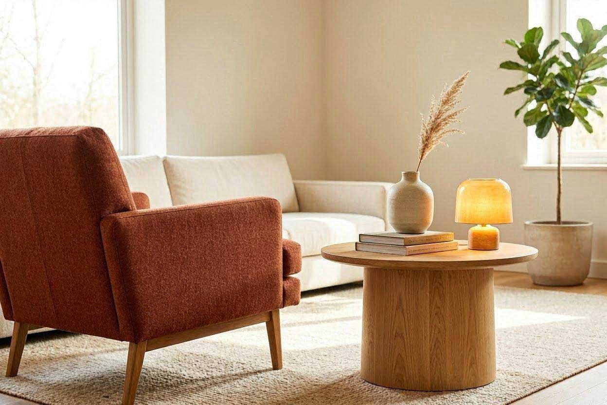 Best side table paired with a rust accent chair in a modern living room
