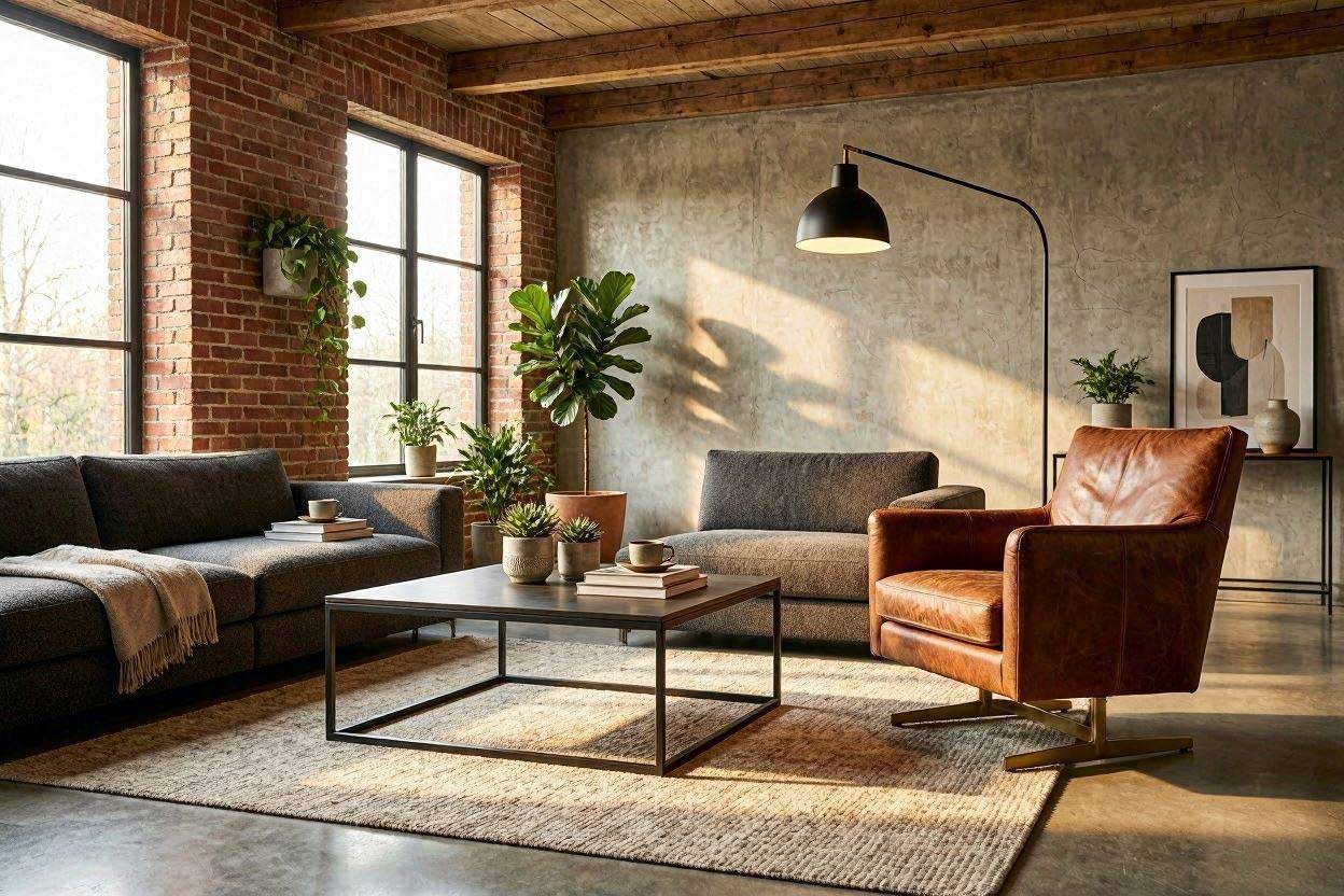 Black metal coffee table paired with a rust accent chair in an industrial-inspired interior.