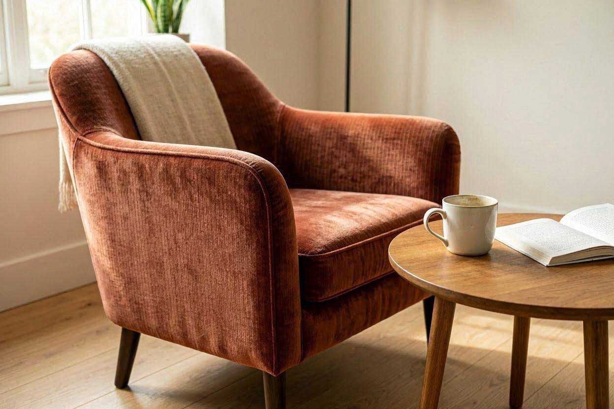 Round wooden side table beside a rust accent chair