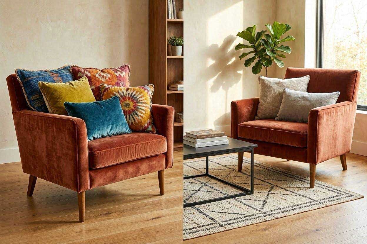 Comparison of good and bad throw pillow styling on a rust accent chair
