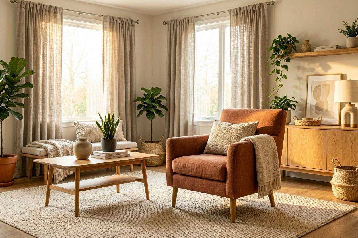 Cozy living room with a rust accent chair and matching curtains
