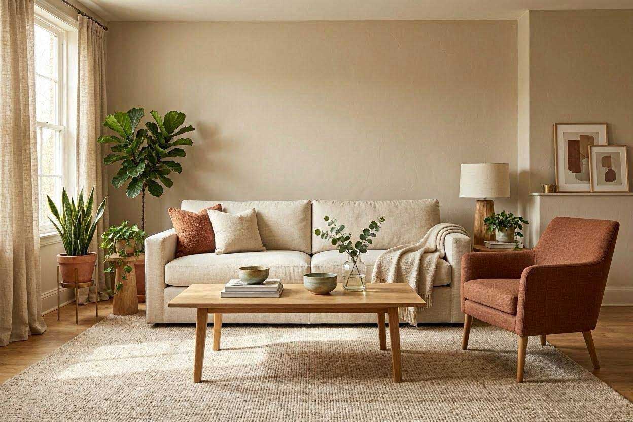 Beautiful living room featuring a rust accent chair with matching wall colors
