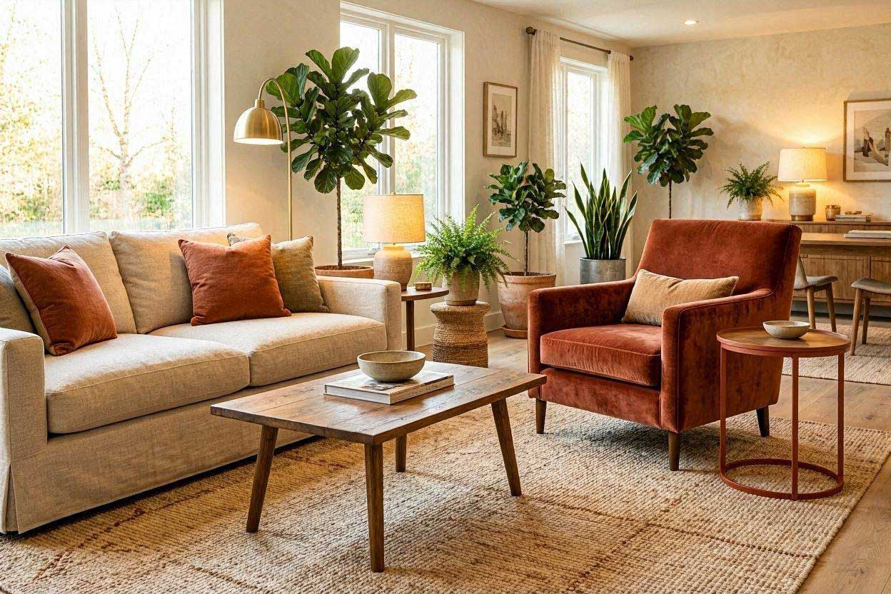 Complete living room with a rust accent chair and side table