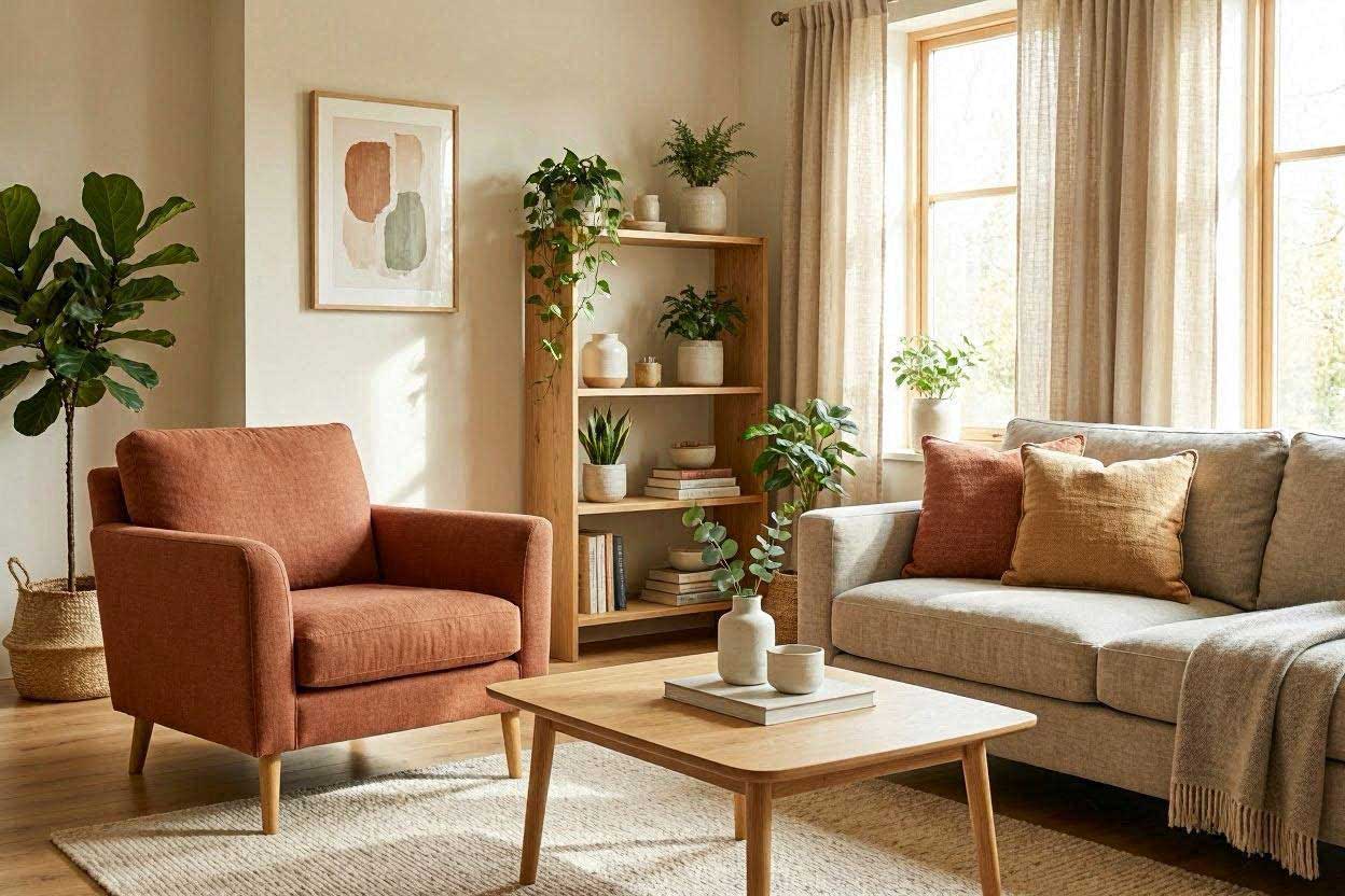 Cozy living room with a rust accent chair and matching rug