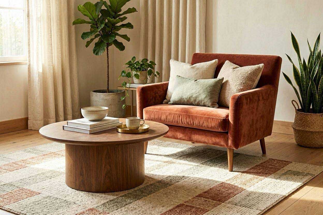 Beautiful living room featuring a rust accent chair with coordinated throw pillows