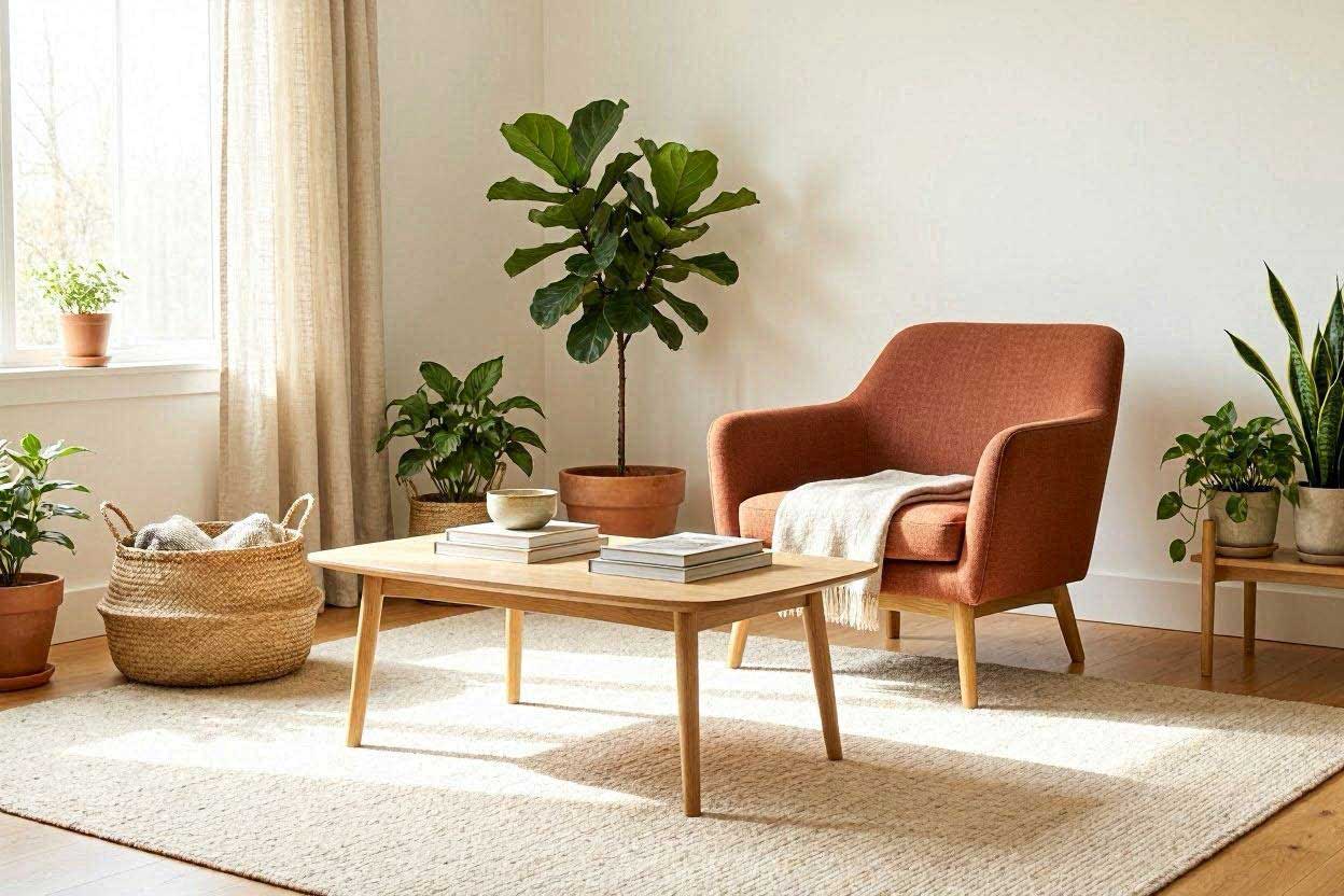 Rust accent chair paired with a cream area rug