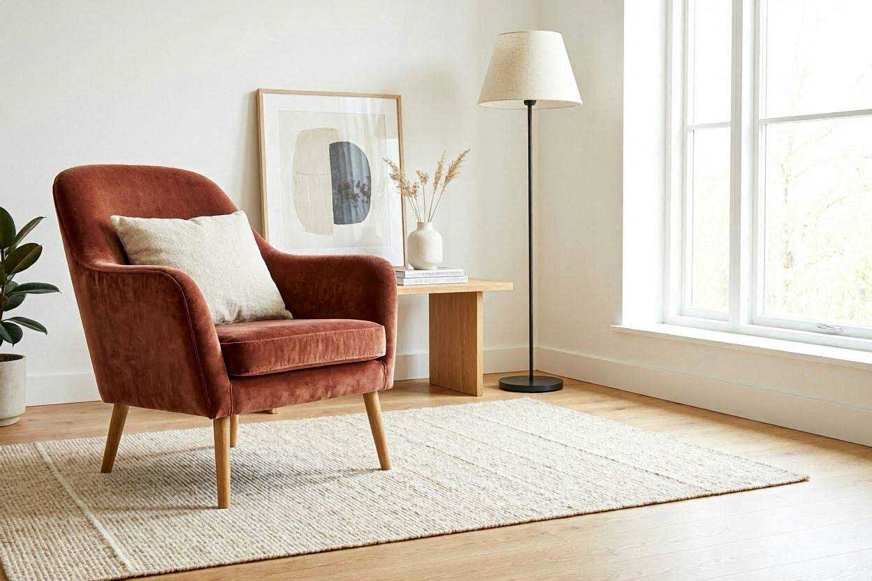Cream throw pillow paired with a rust accent chair in a Scandinavian living room