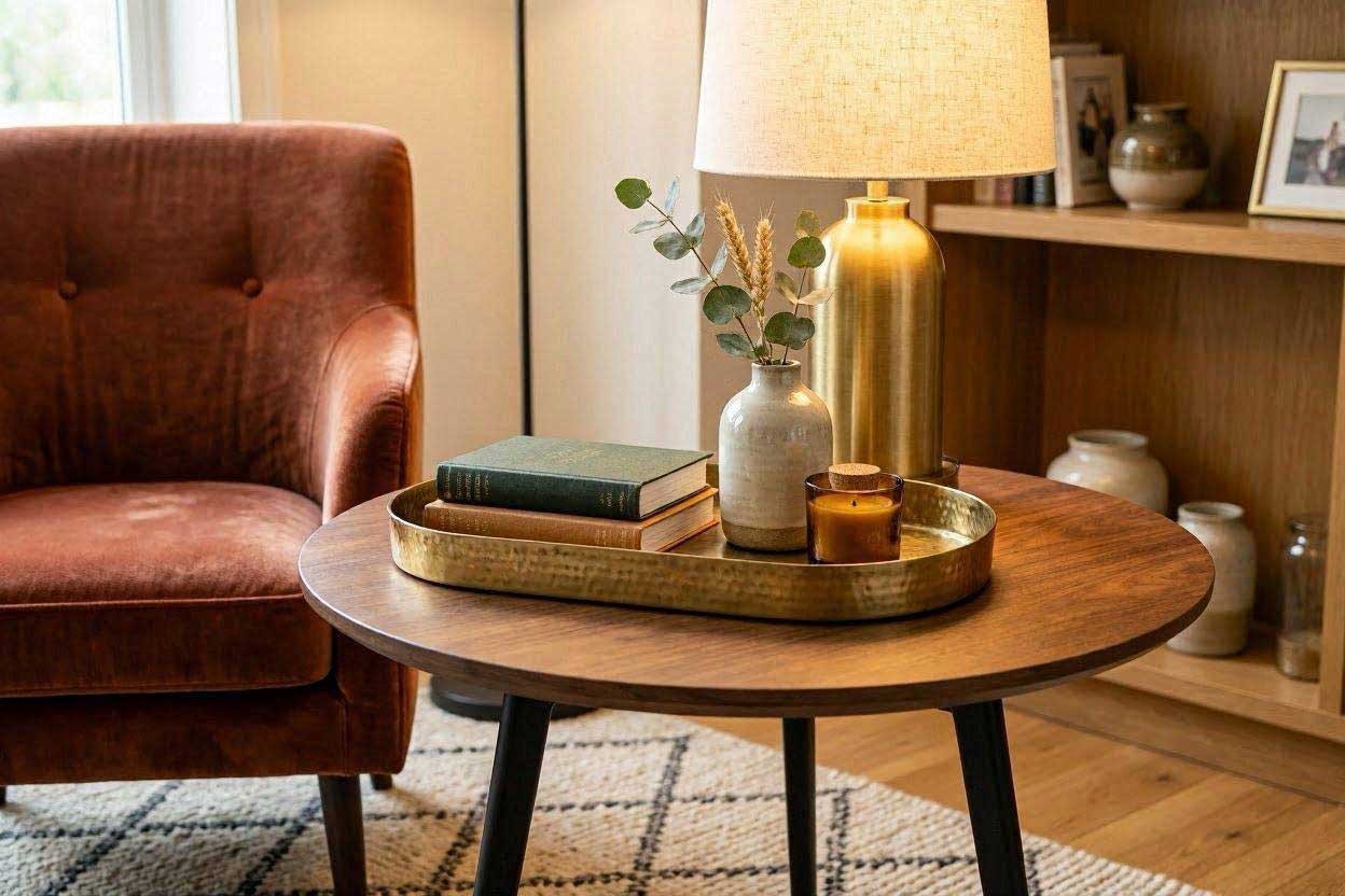 How to style a side table beside a rust accent chair
