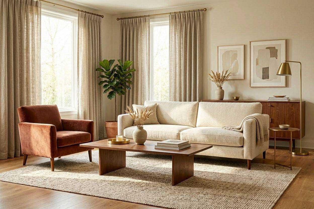 Greige curtains paired with a rust accent chair