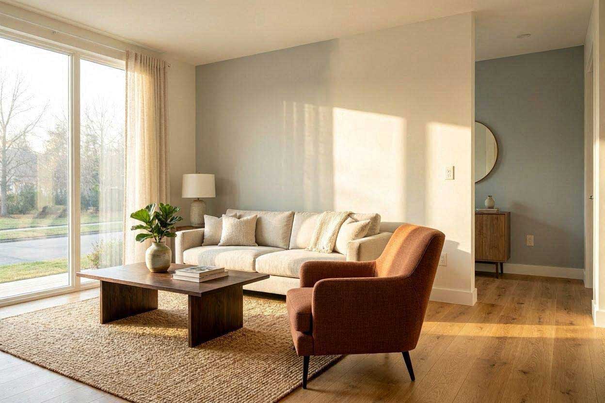 Natural light affecting wall colors around a rust accent chair
