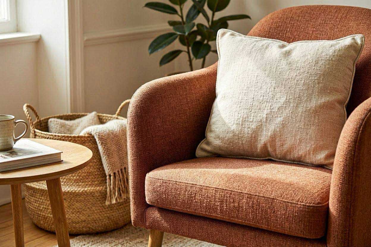 Textured cream throw pillow on a rust accent chair adds warmth and comfort