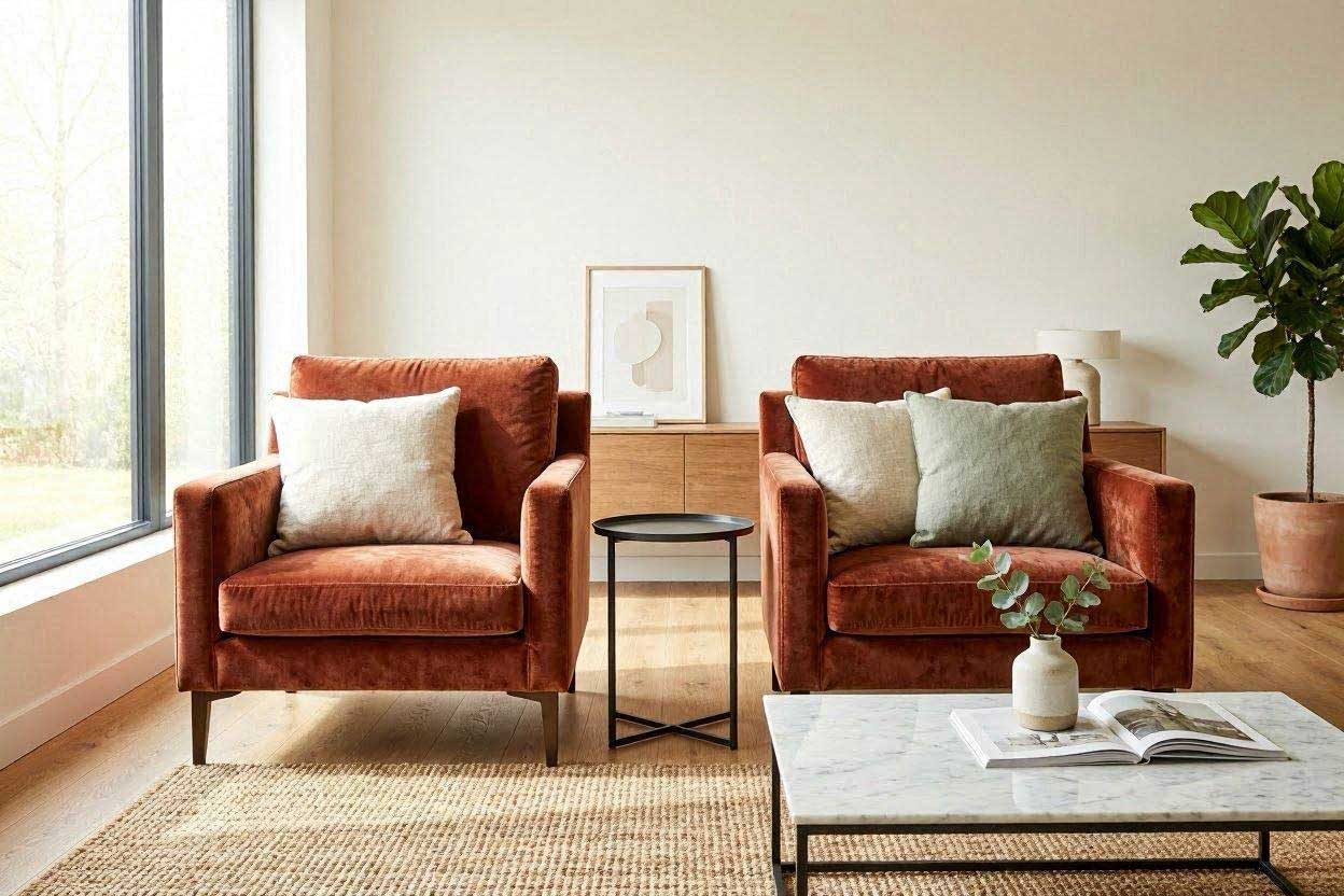 One versus two throw pillows on a rust accent chair