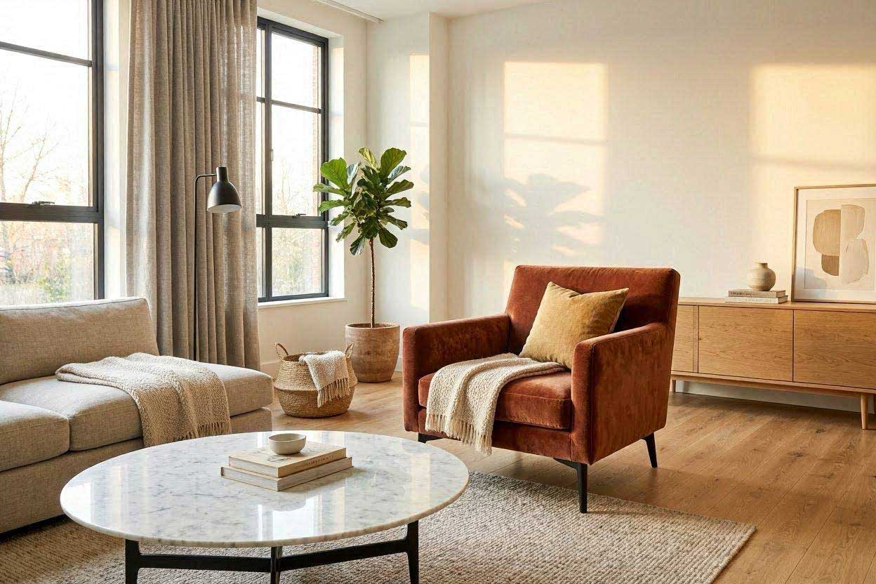Light gray curtains with a rust accent chair