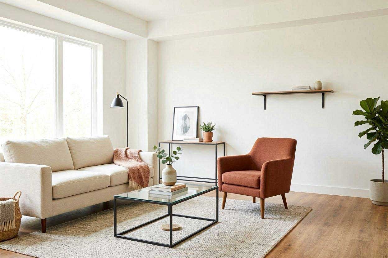 Light gray rug paired with a rust accent chair