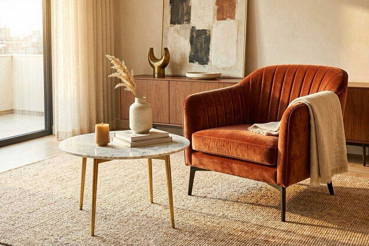 Marble side table paired with a rust accent chair