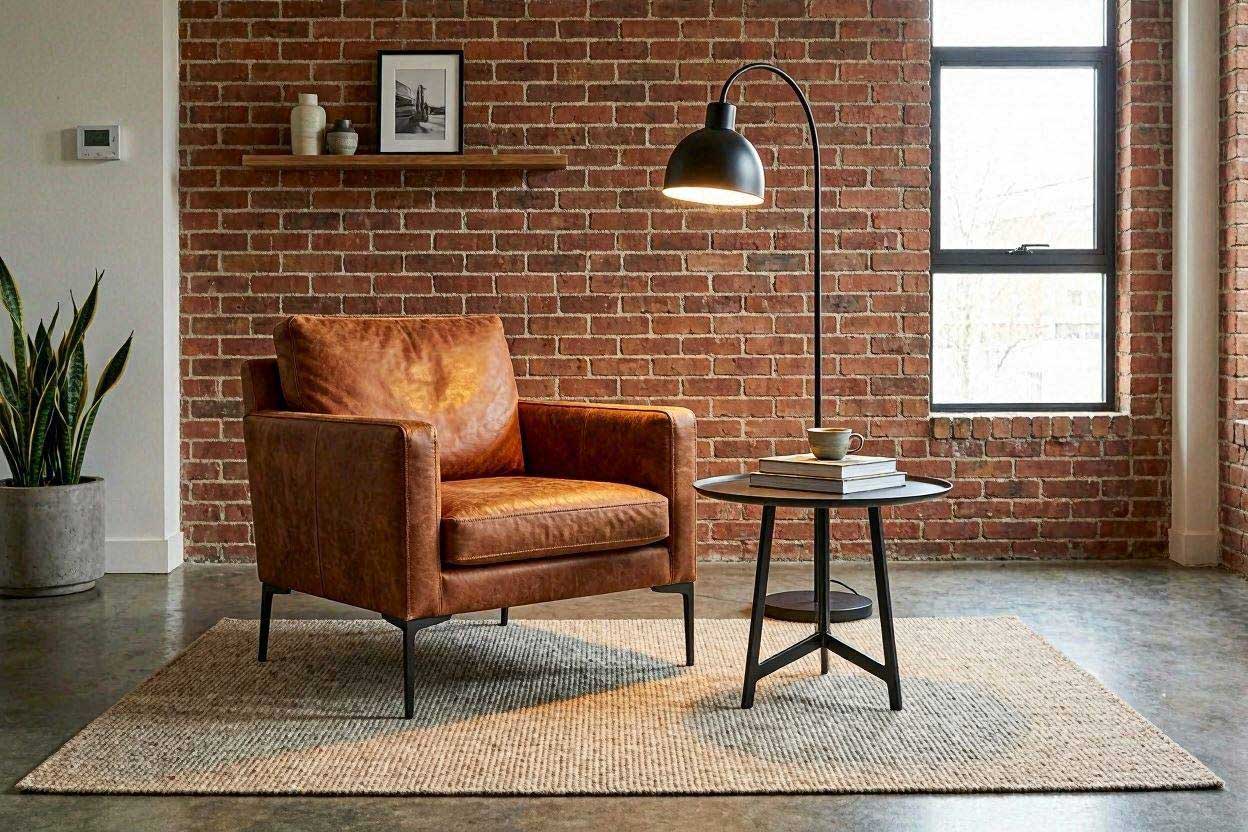 Black metal side table beside a rust accent chair