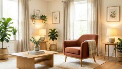 Wall colors that go with a rust accent chair in a bright modern living room