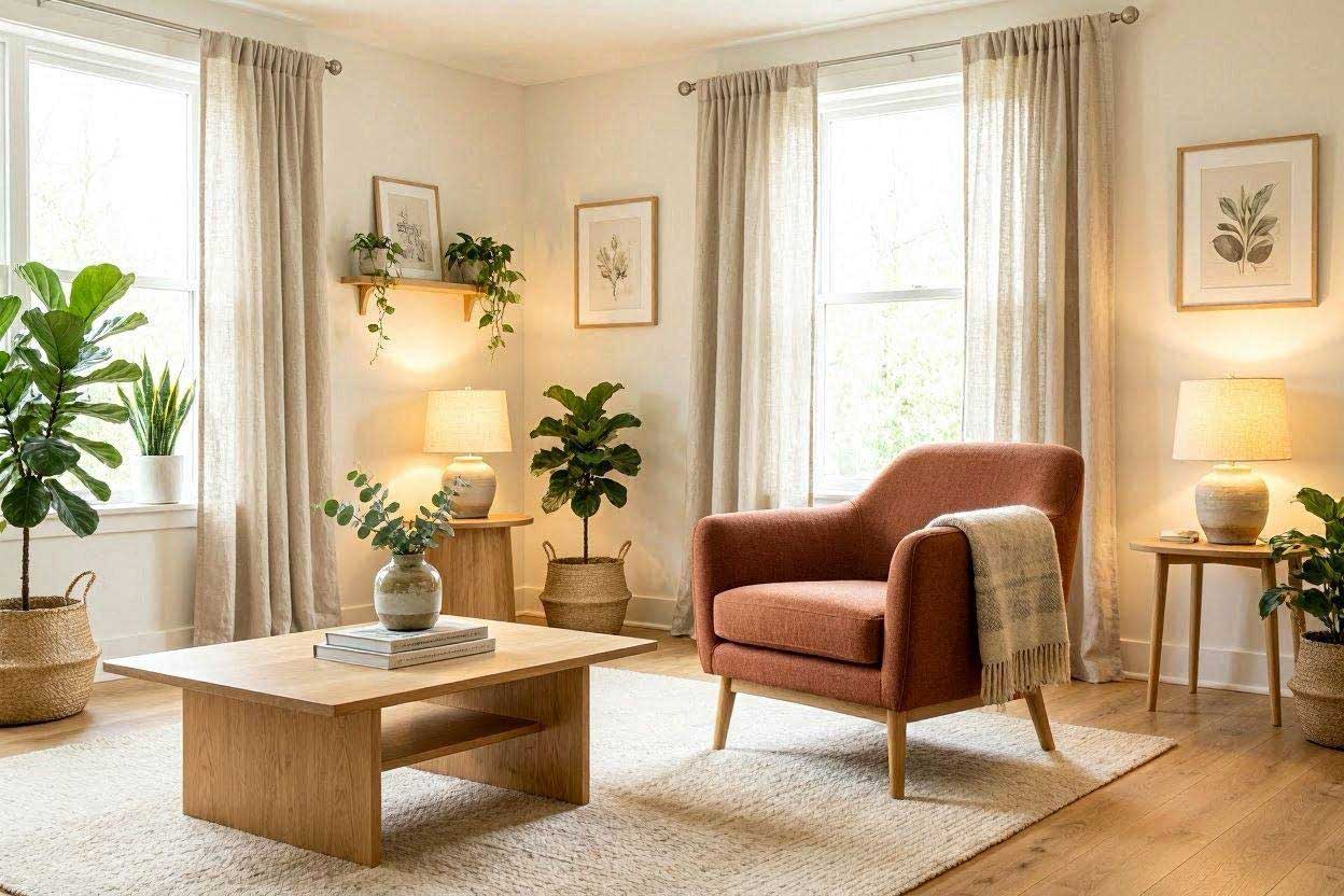 Wall colors that go with a rust accent chair in a bright modern living room