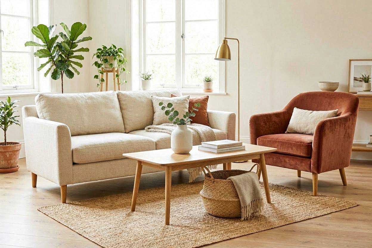Natural oak coffee table paired with a rust accent chair in a Scandinavian living room.