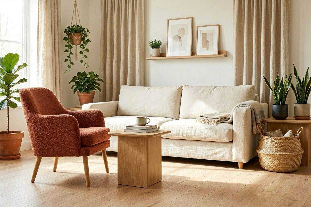 Natural oak side table with a rust accent chair