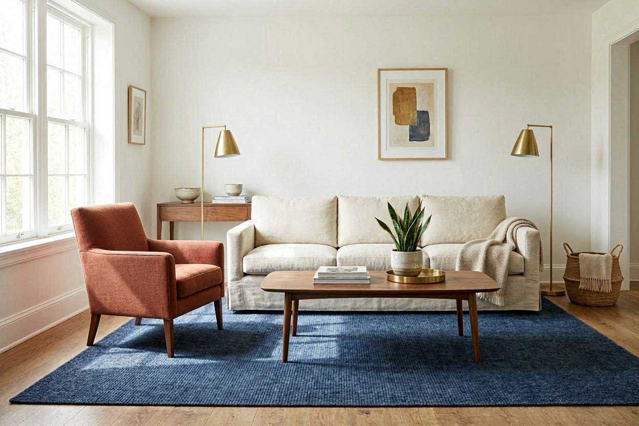 Navy blue rug paired with a rust accent chair