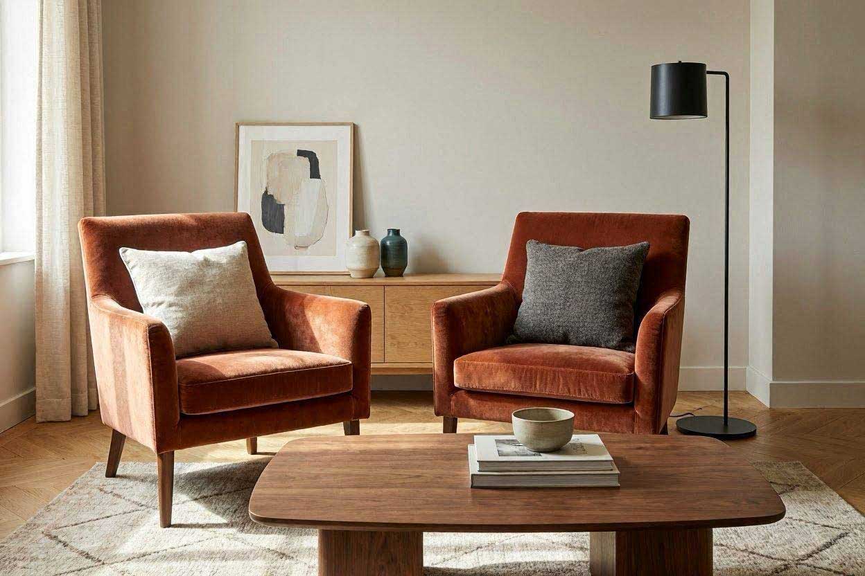 Beige and charcoal gray throw pillows paired with rust accent chairs