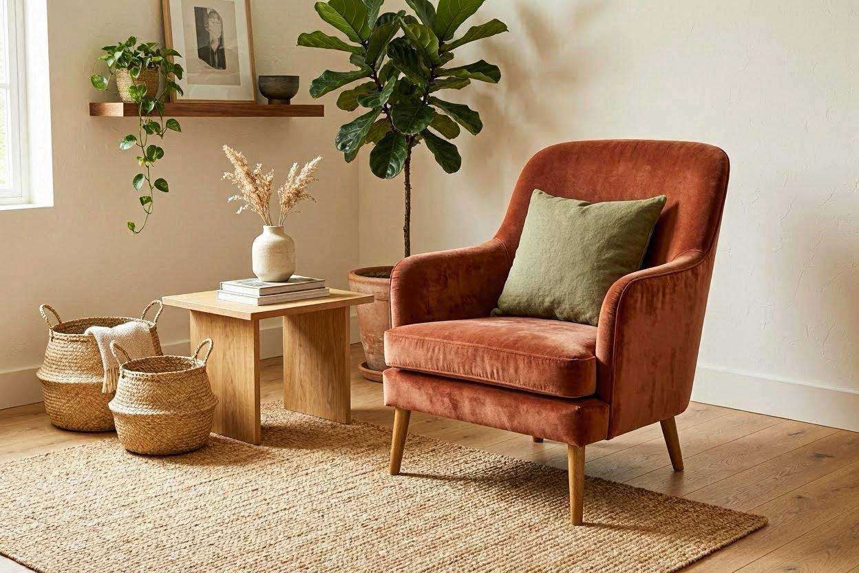 Olive green throw pillow creates a warm earthy look with a rust accent chair
