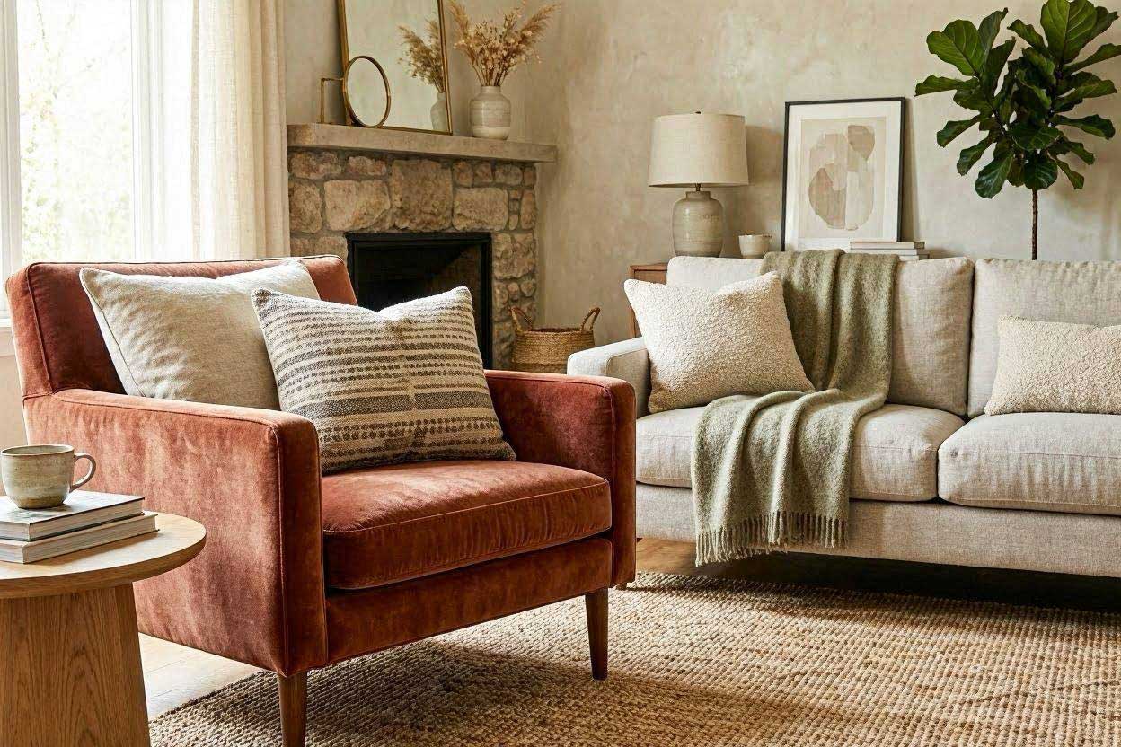 Patterned neutral throw pillow adds texture to a rust accent chair