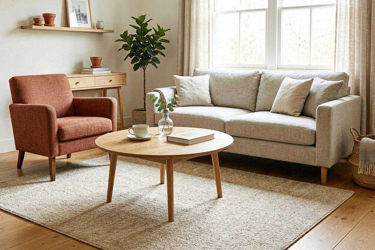 Round wooden coffee table with a rust accent chair in a compact living room.