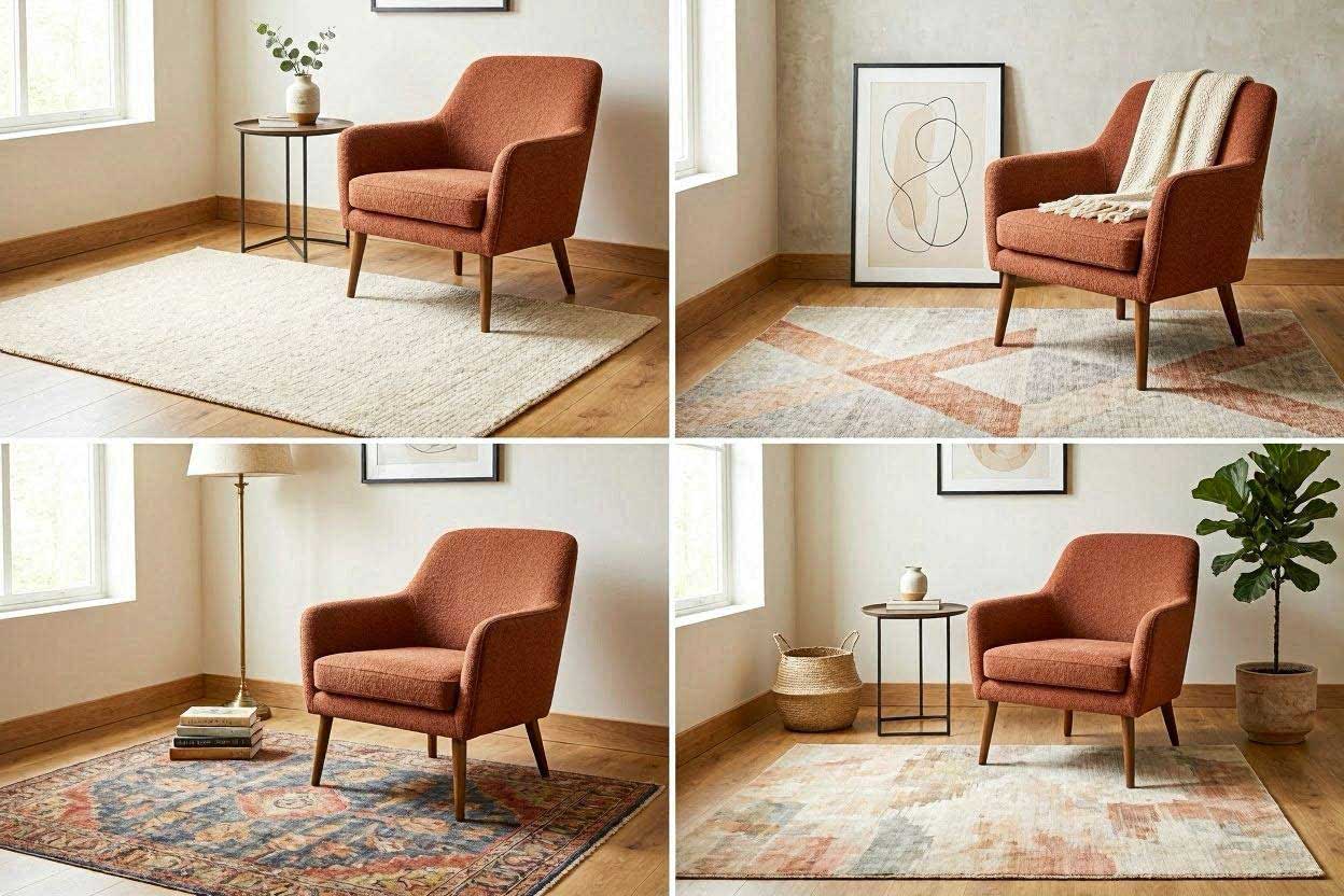 Rug pattern ideas for a rust accent chair