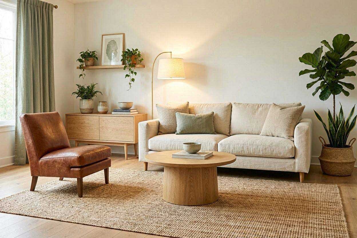 Sage green curtains paired with a rust accent chair