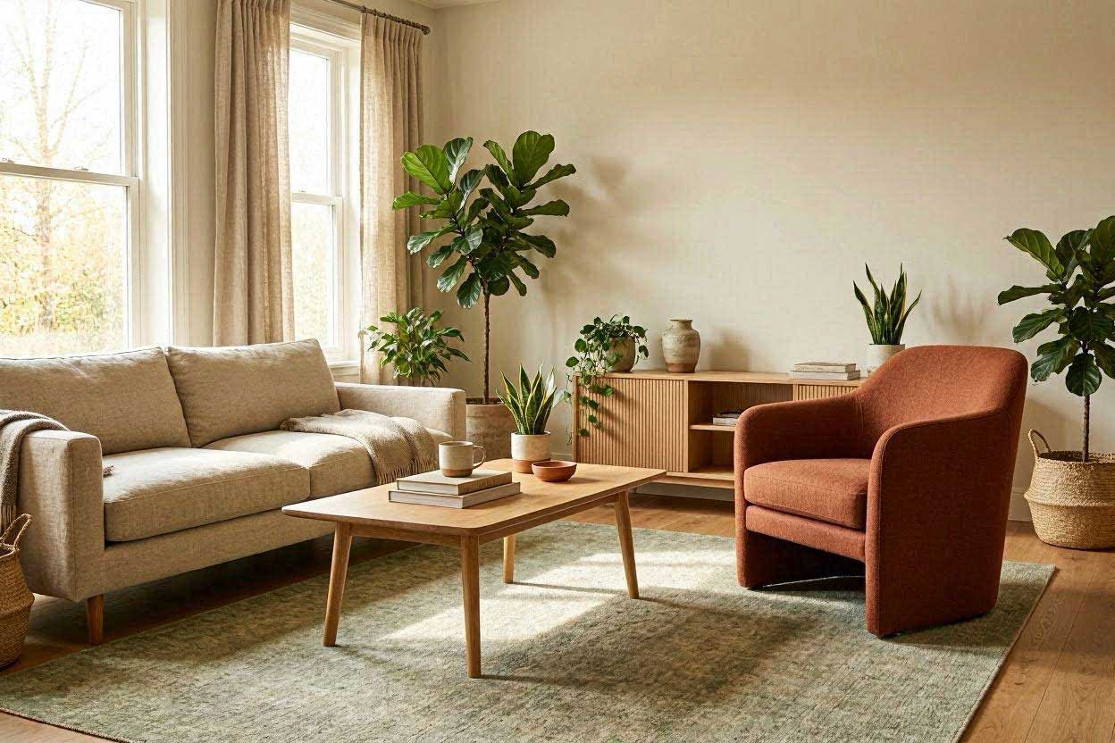 Sage green rug with a rust accent chair
