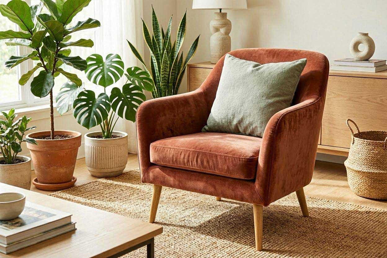 Sage green throw pillow complements a rust accent chair with natural décor
