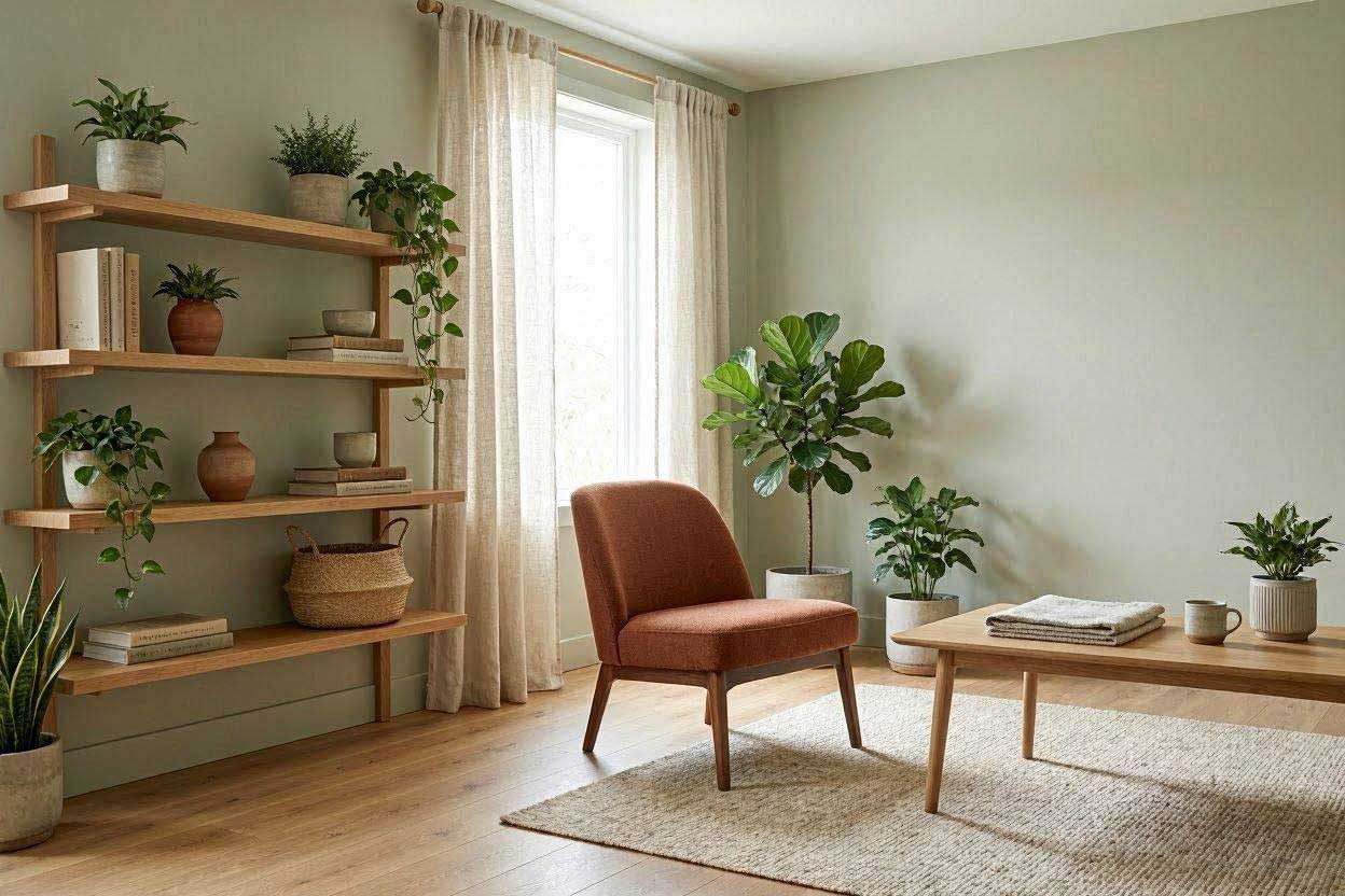 Sage green walls with a rust accent chair