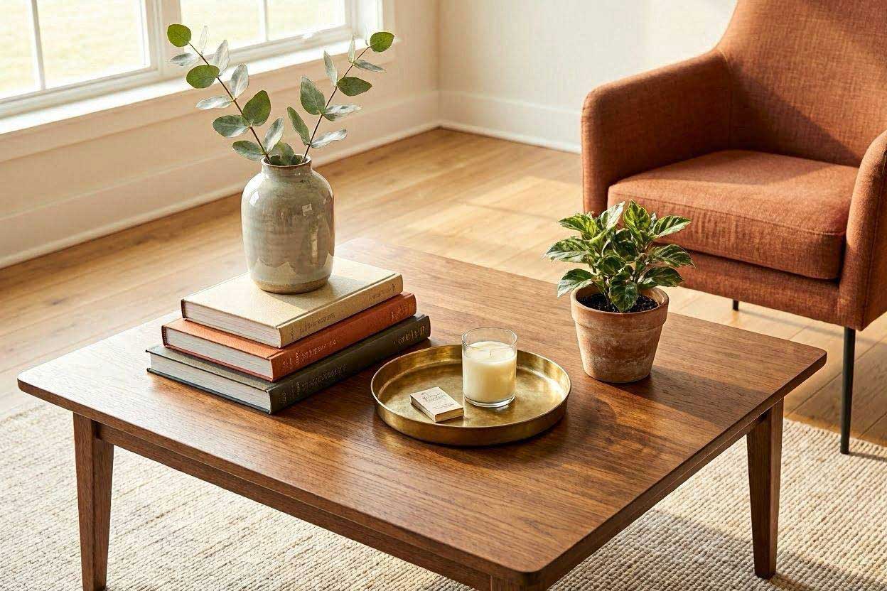 Coffee table decorated with books, a ceramic vase, candle, and greenery beside a rust accent chair.